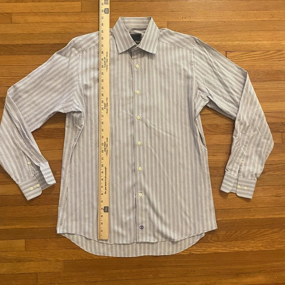 David Donahue Shirt Mens Large Blue White Pink Stripe Trim Fit Dress Monogrammed - Picture 5 of 12